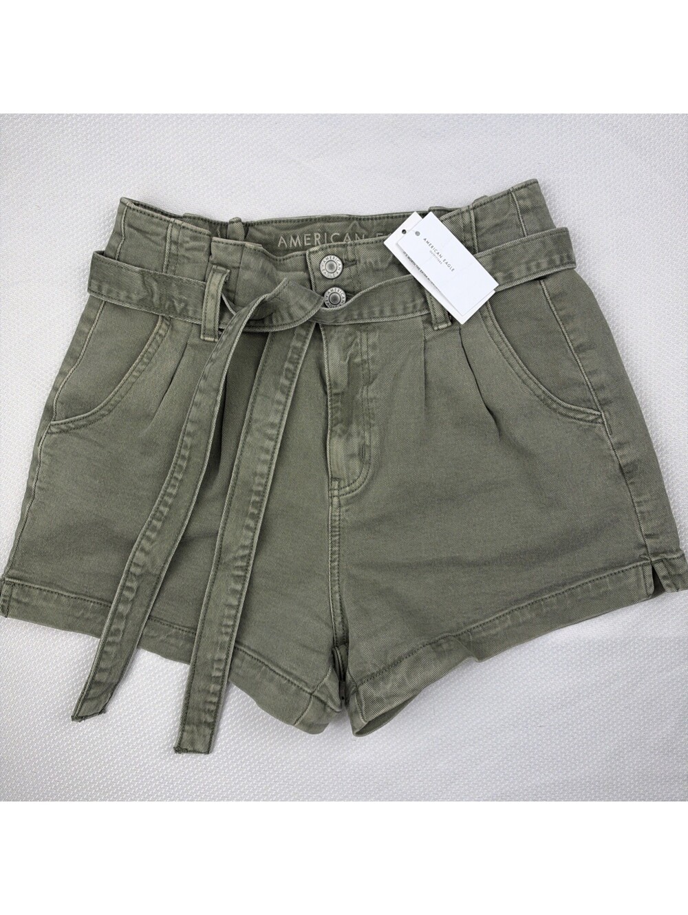 American Eagle Size 0 Stretch Green Paper bag Waist Highest Rise Mom Short NWT